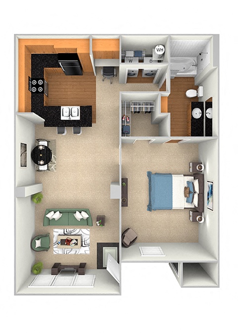 Floor plan for 1 bed, 1 bath, 708 sqft